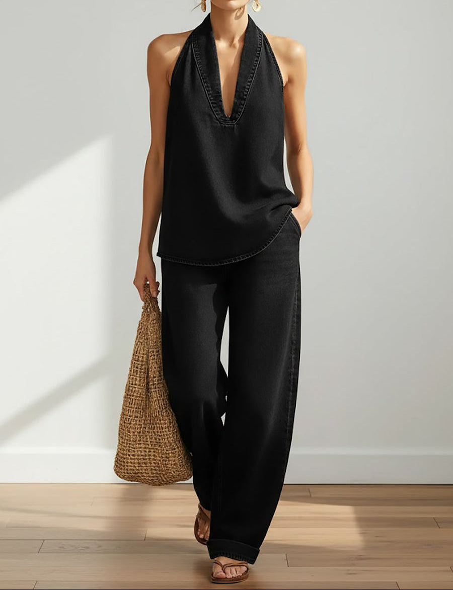 Ivy | Vintage Washed Soft Denim Look Two Piece Set