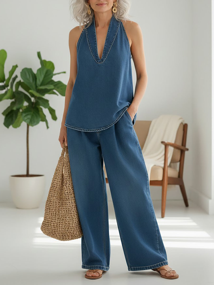 Ivy | Vintage Washed Soft Denim Look Two Piece Set
